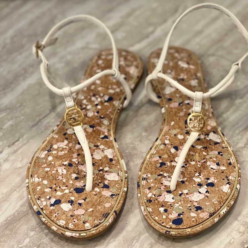 Tory Burch Womens Emmy Ivory Confetti Adjustable Strap Flat Sandals 7.5